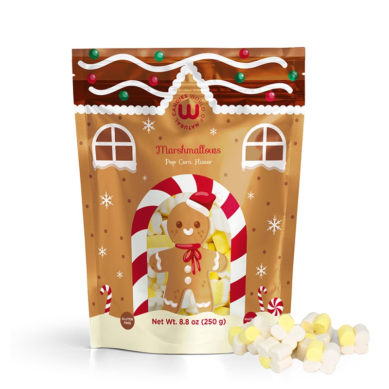 Doypack 250g Nubes de azúcar pop corn. Chuches Marshmallow sabor palomitas Wonkandy. Feliz Navidad golosinas